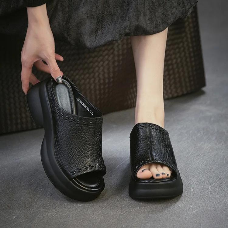 Johnature Genuine Leather Peep Toe Wedges Slippers Versatile Thick Soled Comfortable Women's Outdoor Slides