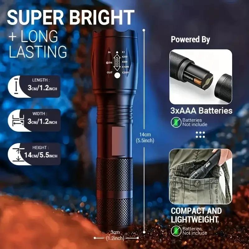 High Power LED Flashlights Camping Torch 5 Light Modes Zoom Light Aluminum Alloys Waterproof Material External 3 AAA Battery