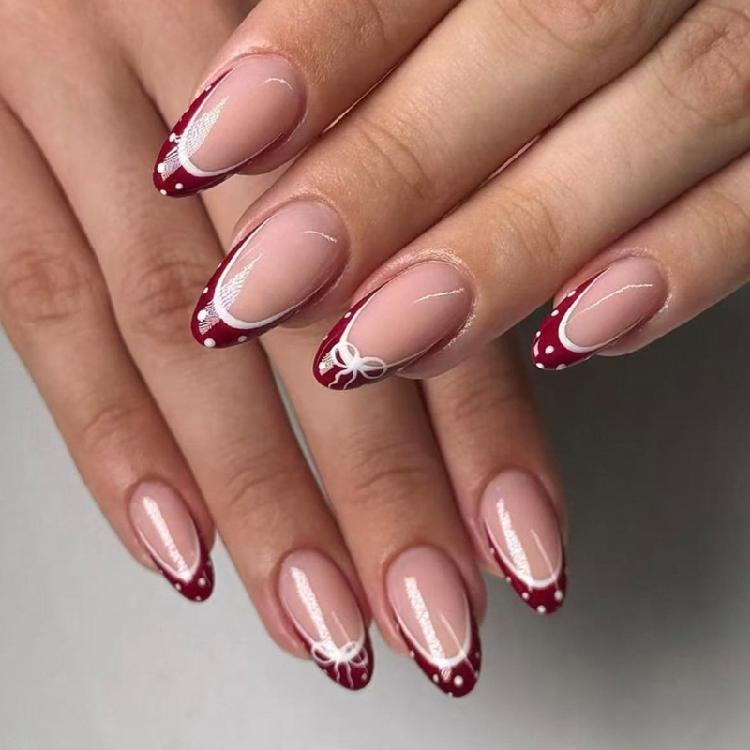 

Wine Red French Tip Press On Nail Almond Shape White Polkas Dots Bows Design 24Pcs Artificial Nail Comfortable Wear 1