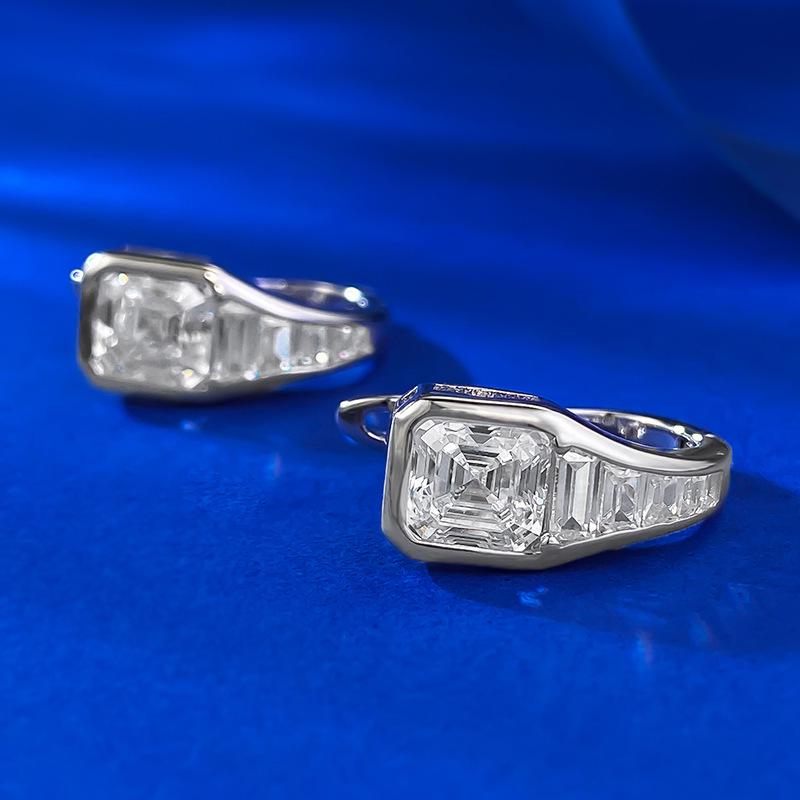 Asscher-Cut Green Zircon & White Diamond S925 Silver Stud Earrings with Ear Clip Style