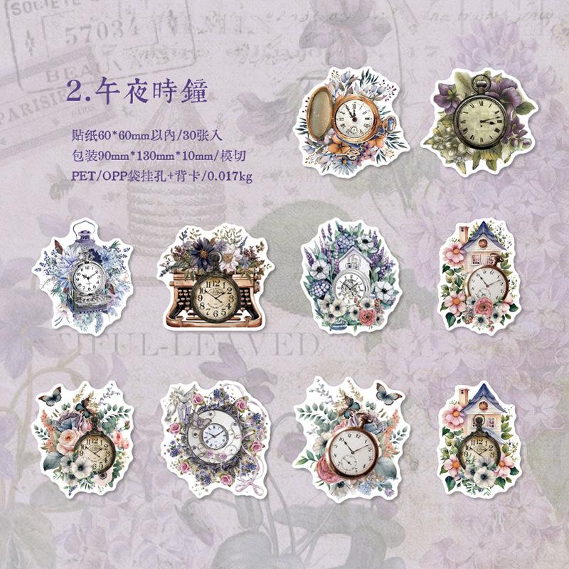 1pack/30Pcs Retro Clock & Flower Sticker Pack European Nostalgic PatternsDIY Handmade Album Scrapbooking Decorative Supplies