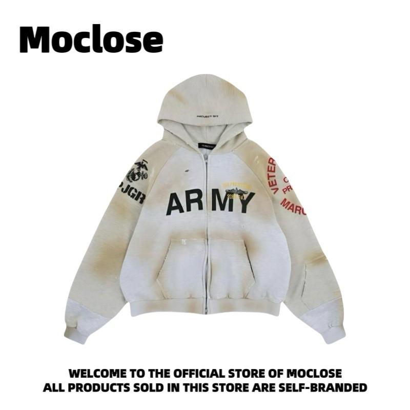 Unisex Distressed Oversized Cotton Hooded Zip-Up