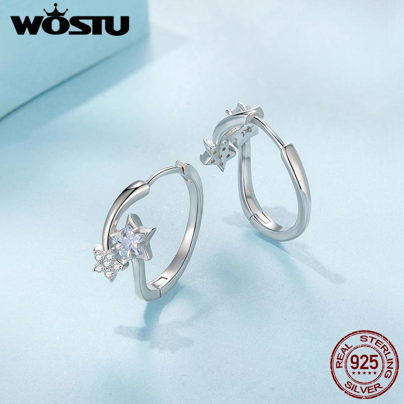 WOSTU 925 Sterling Silver Double Star Shiny Zircon Hoop Earrings For Women Valentine Jewelry Gift Daily Praty Wear Jewelry Gif