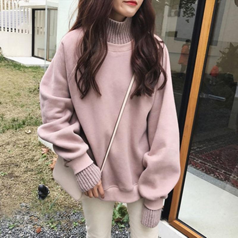 

Autumn Winter High Collar Fake Two Pieces Knitting Patchwork Sweatshirt Women Loose Casual Velvet Pullover Top XL рожевий