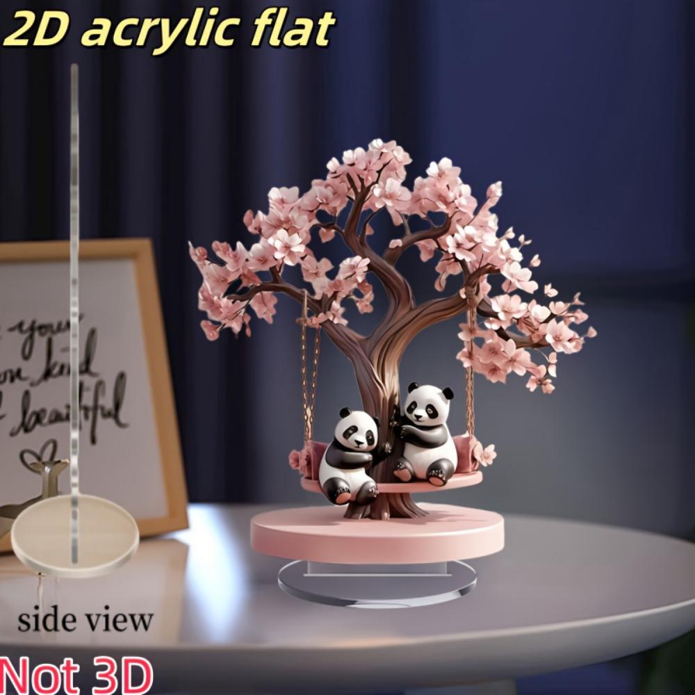 Swing Tree Couple Panda Table 2D Flat Acrylic Decorative Ornament Sculpture - for Desk, Bedroom, Living Room,  for Christmas and Halloween
