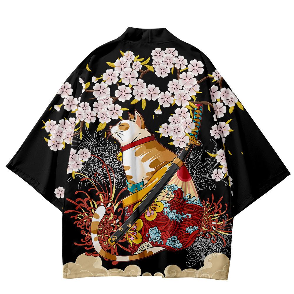 Japanese Sakura Cat Samurai Printed Kimono for Men Women, Haori Cardigan, Traditional Costume, Loose Short Sleeve Cloak, S-3XL