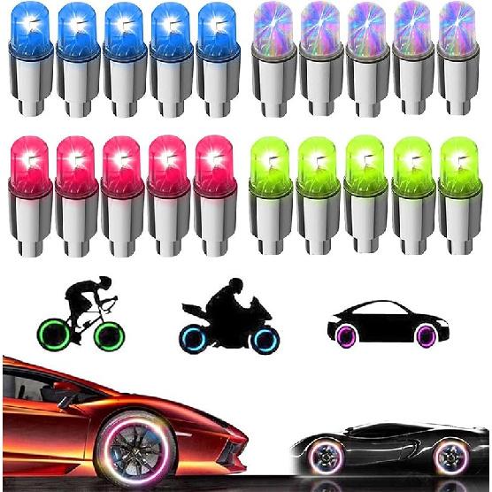 4 Pack LED Valve Stem Caps Lights for Car Tires Wheel Assemblies Auto Motion Light up in Dark Air Neon Bicycle Motorcycle Tyre Bike Truck Golf Cart