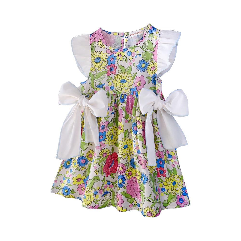 Summer Girls Floral Sleeveless Dress With Ruffles And Double Bows Printed Princess Party Dress For Kids