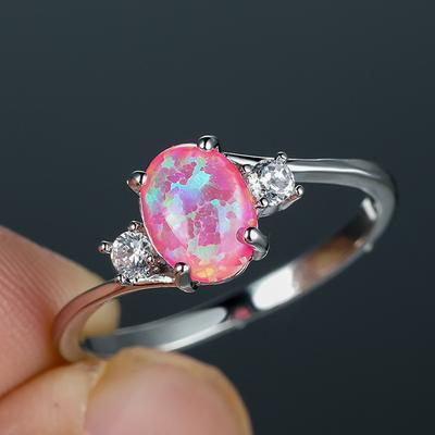 Explosive White K Four Claw Oval Pink Edged Ring with White Diamonds Fashionable and Versatile