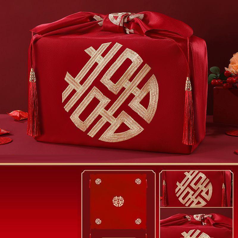 

Chinese Style Red Handkerchief Furoshiki Wedding Wrapping Cloth Candy Gift Packaging Kerchief Embroidery Happiness Wrapped Cloth 100x100cm