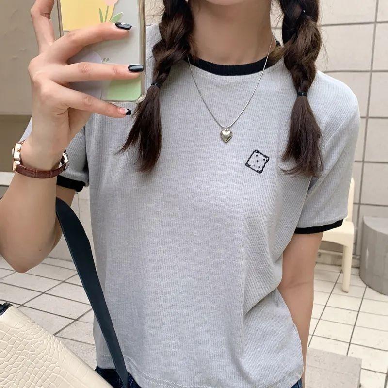 WTEMPO Branded Summer Women's Fashion Trend Clashing Trim Embroidered Short Sleeve T-shirt with Design Niche Round Neck Elasticated Tops