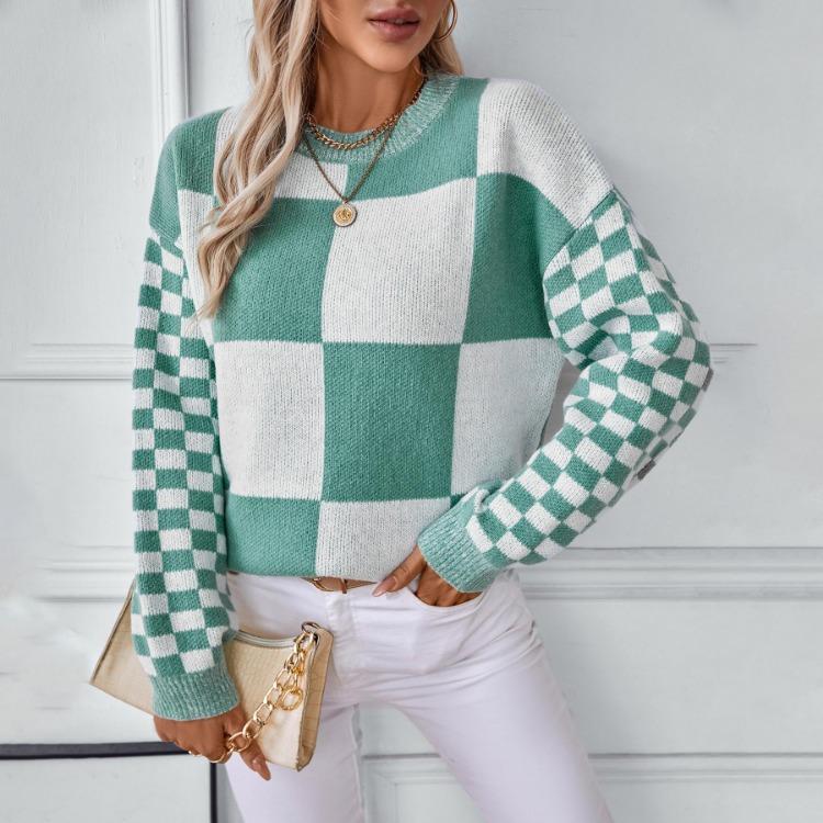 Vintage O Neck Long Sleeve Loose Knitwear Cardigan Sweater Top for Autumn Winter Grid Pattern