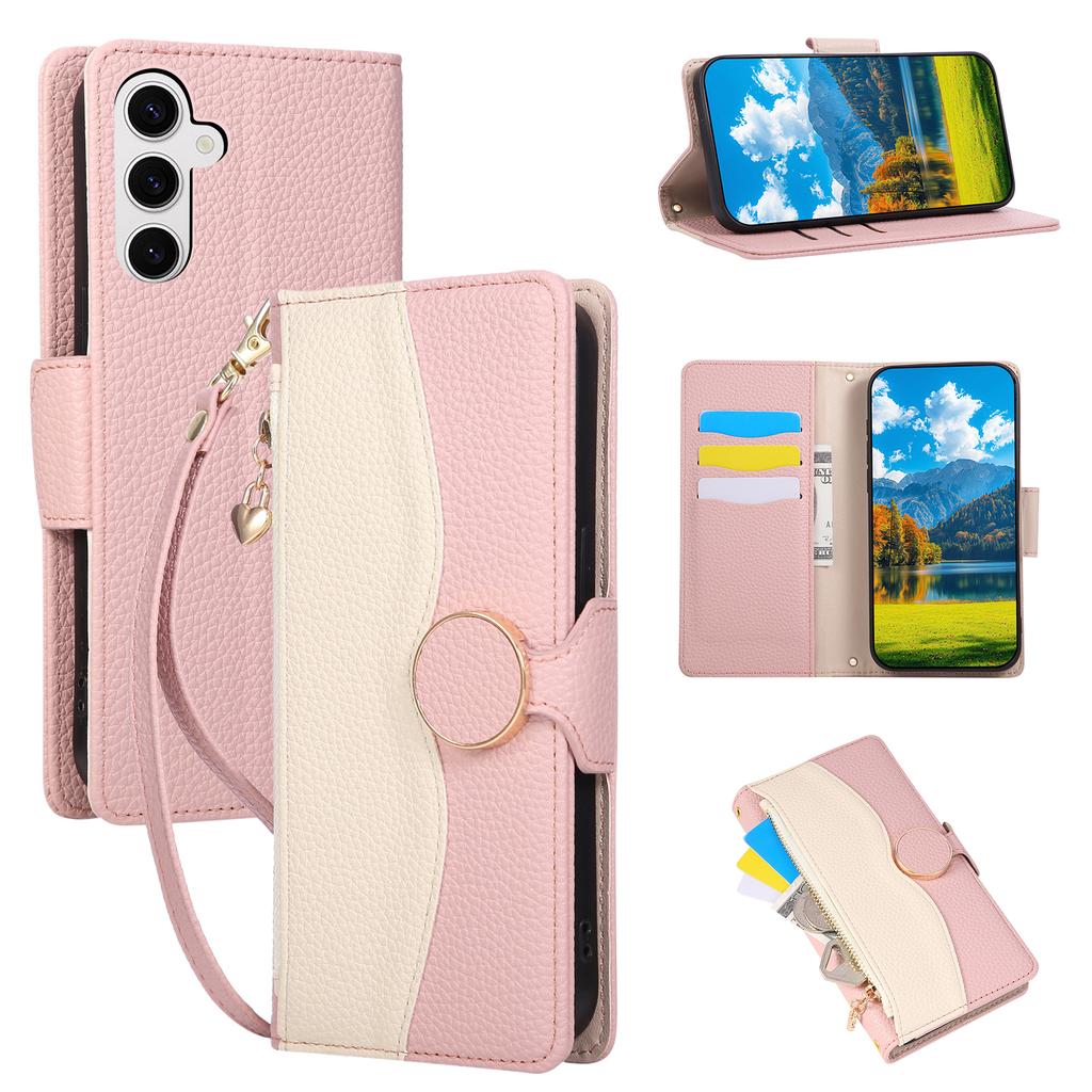 For Samsung Galaxy S25 FE Case Zipper Wallet Color Splicing TPU PU Leather Flip Phone Cover with Strap