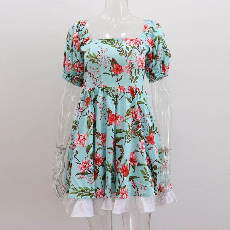 

European and American Sexy Square Collar Floral Dress Bohemian Vacation Short dress Sexy Square Neck Dress Green S