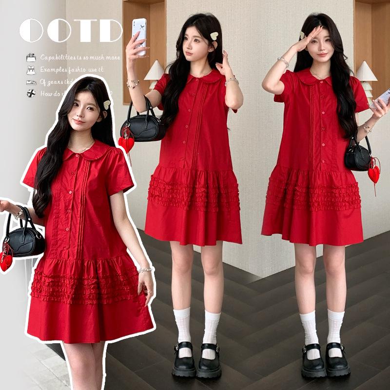 2026 Summer Pleated Doll Collar Maternity Dress M