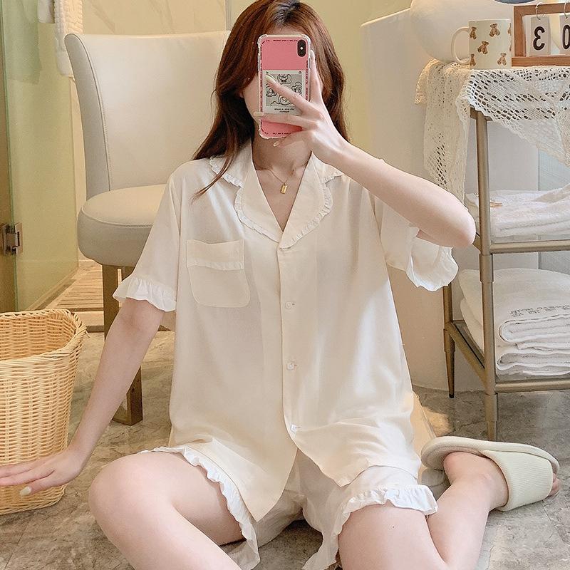 Summer cotton silk pajamas women's thin short-sleeved cardigan cute bow can be worn outside artificial cotton loungewear set