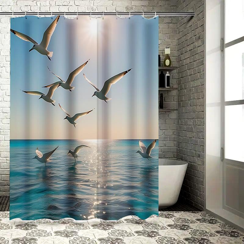 

Elegant Ocean Seagulls Shower Curtain Blue Water Sky Print Bathroom Decor Waterproof Fabric Suitable For Wet And Dry Separation W60H190(CM)-1 Pcs