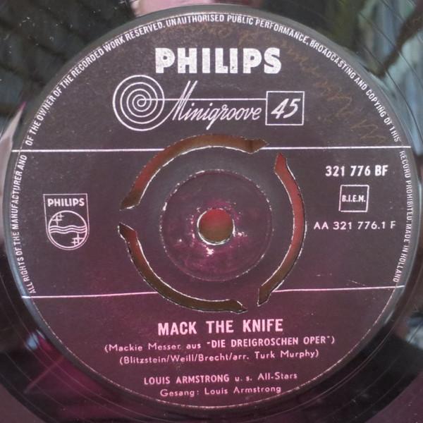 

7inch Record LOUIS ARMSTRONG HIS ALLSTARS Mack The Knife Back OTown Blues 321776BF Philips 1955 Germany Jazz Used
