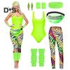 7 Teile/satz Frauen Retro Trainingsanzug 1980er Jahre Sportswear Fitness Outfit Kostüm Zubehör mit Weste Leggings Stirnband Armbänder Beinwärmer Ohrringe Gürteltasche