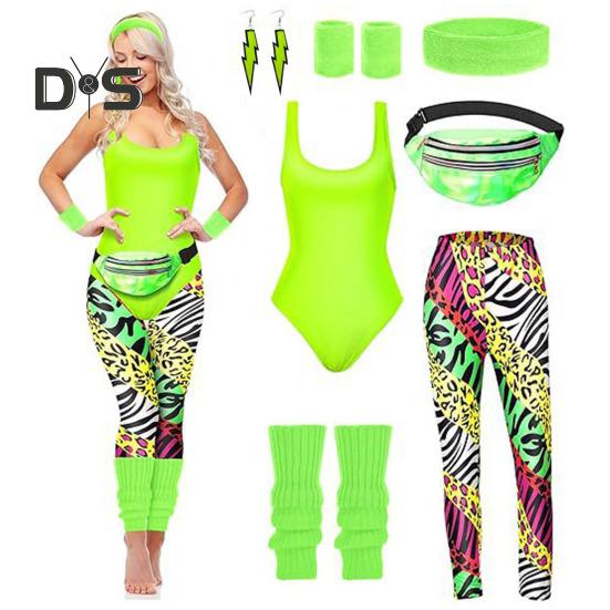 7 Teile/satz Frauen Retro Trainingsanzug 1980er Jahre Sportswear Fitness Outfit Kostüm Zubehör mit Weste Leggings Stirnband Armbänder Beinwärmer Ohrringe Gürteltasche
