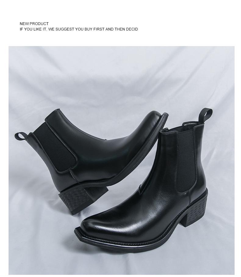 Men's Large Size Pointed Toe Leather Chelsea Boots with Thick Soles and High Heels - British Style Height Increasing Short Boots.