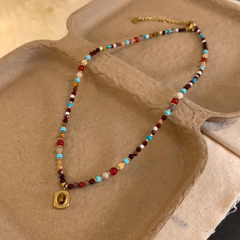New Fashion Turquoise Sugar Cube Beaded Tiger's Eye Stone Necklace Women's High-class Sense Of Light Luxury Collarbone Chain