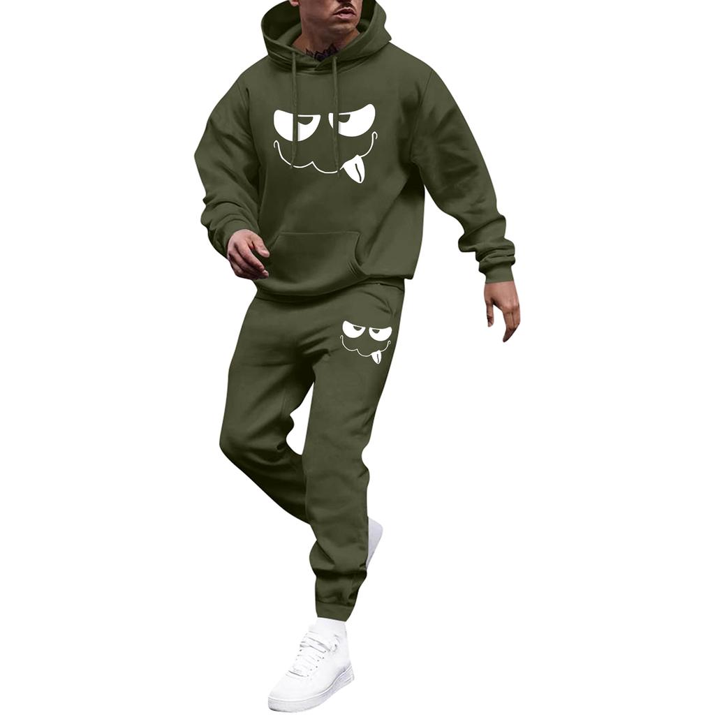 Men's Printed Hooded Sweatshirt And Sweatpants Casual Sports Suit