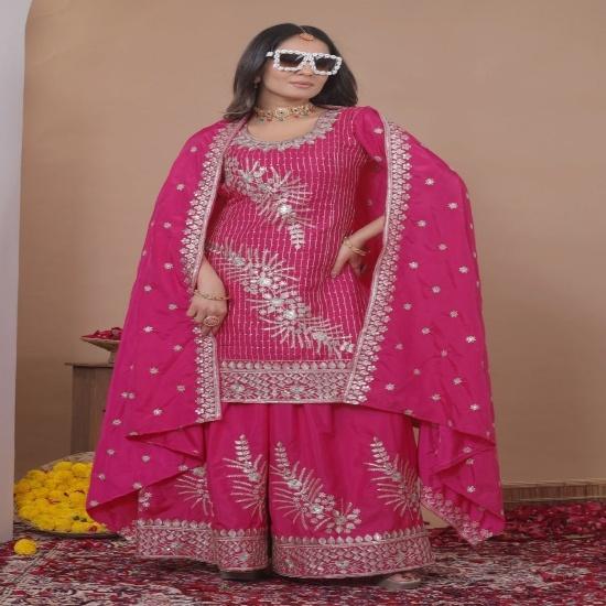 Elegant Rani Pink Embroidered Georgette Sharara Set with Dupatta S