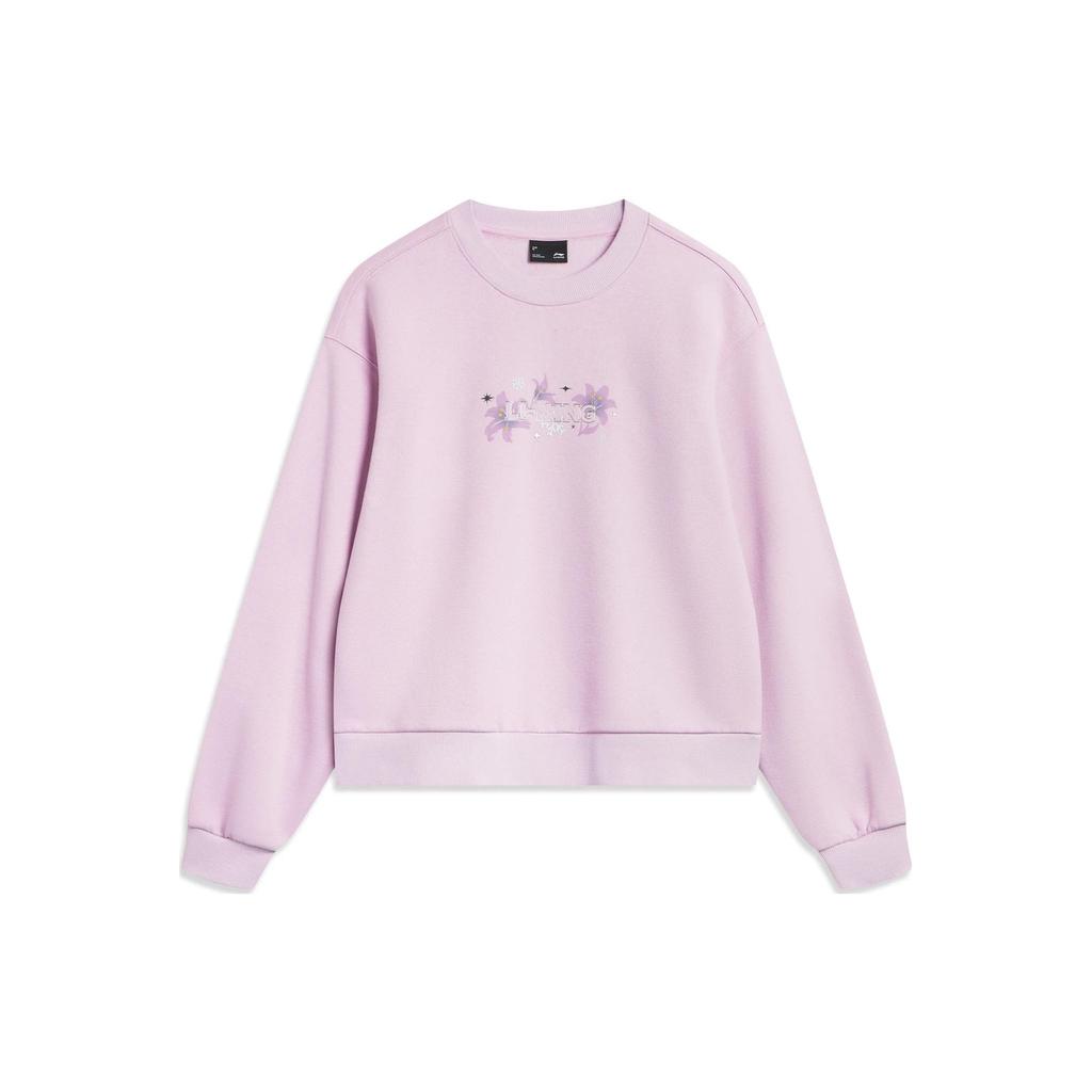 Li Ning Sports Lifestyle Series Letter Print Fleece Warm Loose Pullover Sweatshirt Women Sweatshirt Lotus-Pink Purple AWDT816-5