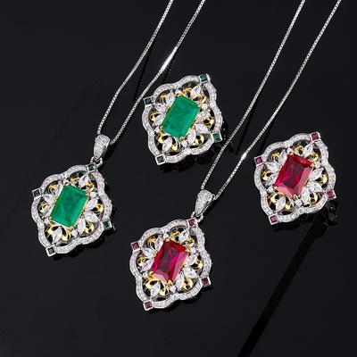 Simulated Emerald Paraiba Pendant Red Zircon Ring Tourmaline Necklace Banquet Wedding Jewelry Set