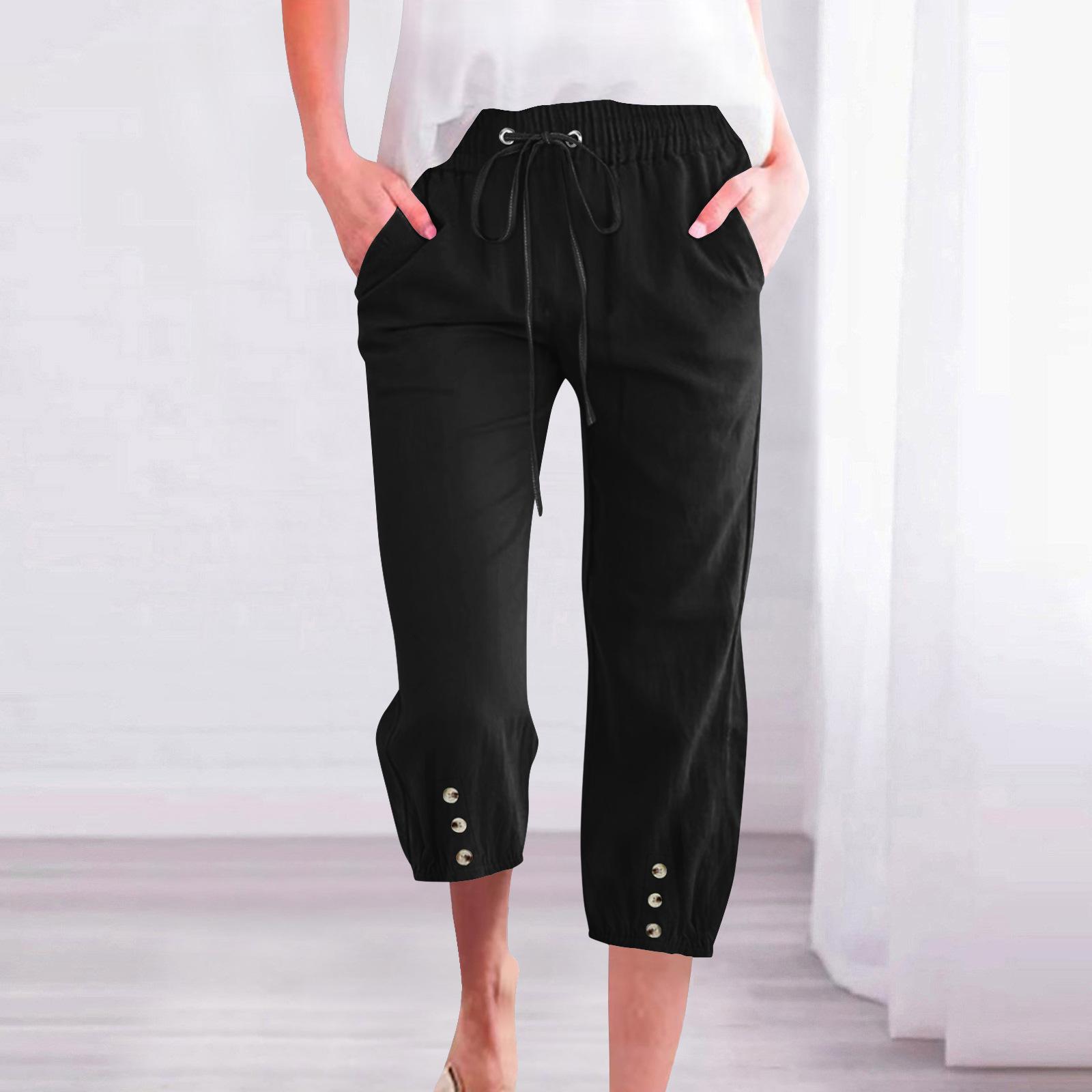 Women’s Fashionable Casual Drawstring Cotton-Ankle-Cuffed Linen-Style Women’s 7/8-Length Trousers, Plain Colour S