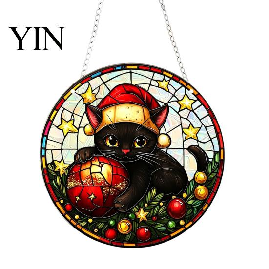 Acrylic Holiday Hanging Decorations Christmas 2D Suncatcher, Stained Glass Style Black Cat Window Hanging, Decorative Wall Plaques Colorful