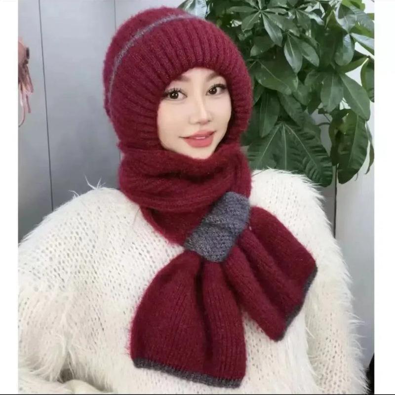Hat female autumn and winter warm knitted wool snow hat cycling mother fashion ear protection headgear scarf integrated hat