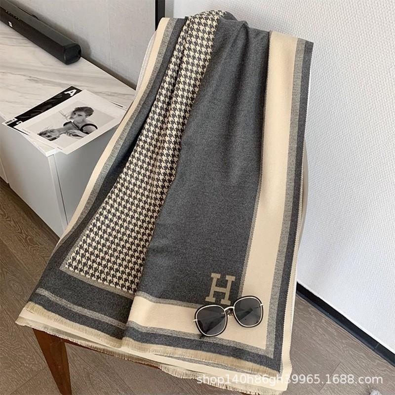 Premium Double-Sided Jacquard Houndstooth Scarf Wrap Women Winter Fall Warm Cotton Blend Shawl 185x70cm