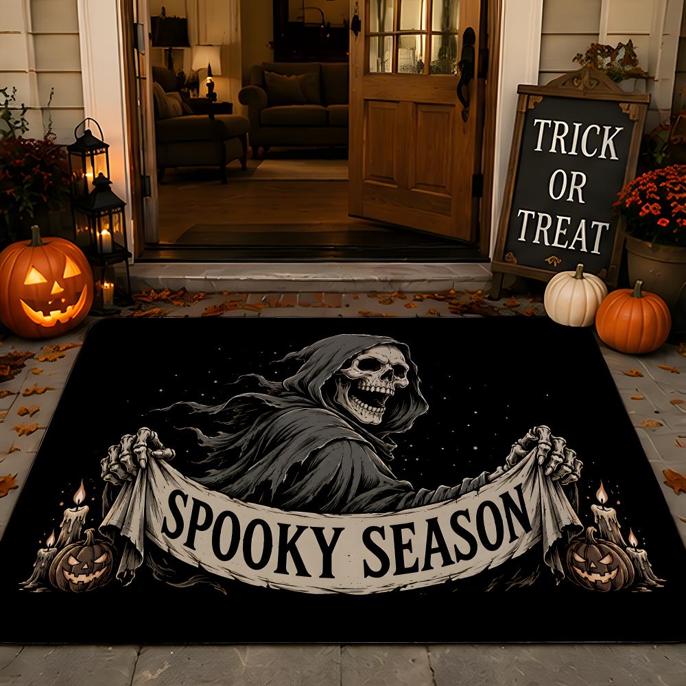 Dark Skeleton Halloween Banner Signs Floor Mat Festive Decorative Flannel Non-Slip Washable Mat for Entry & PartyParty-Ready