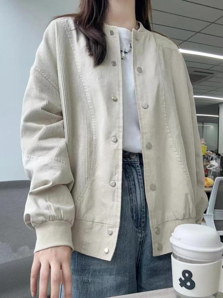 Women's Retro Corduroy Patchwork Baseball Jacket - Spring Fashion, Loose Fit, Casual Top