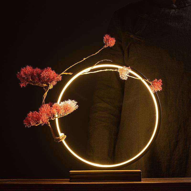 Chinese Zen LED Light Ring Ceramic Ornament for Living Room or Office Display