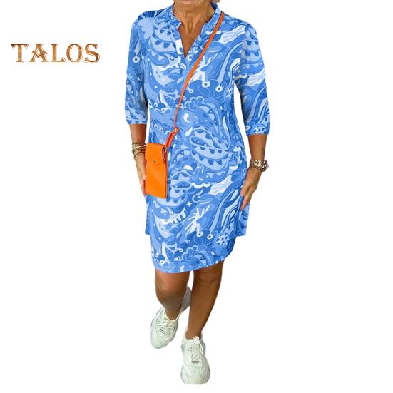 Damenkleid mit V-Ausschnitt, 3/4-Ärmeln, A-Linien-Kleid, leuchtende Farben, bedruckt, knielanges Kleid, Urlaub, Freizeitkleidung