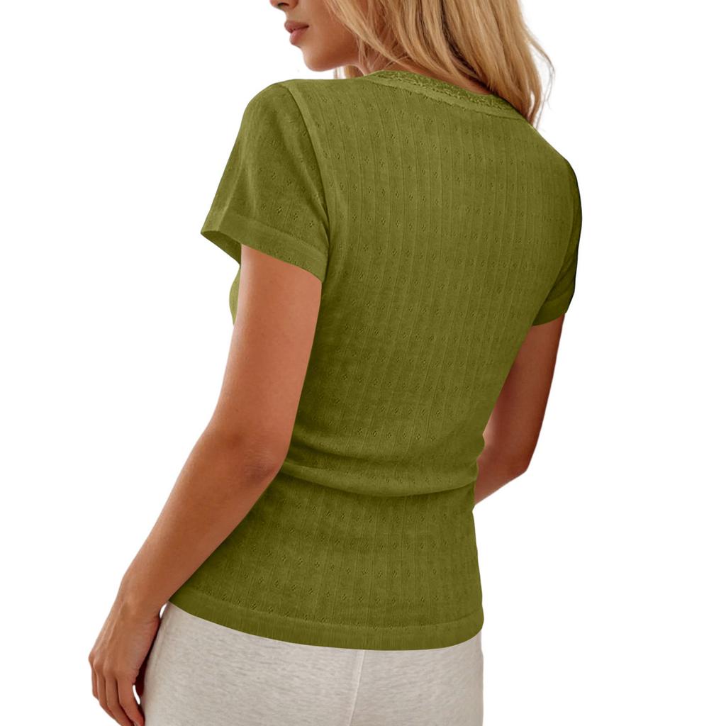 Women Short Sleeve Ribbed Knit Top Lace Trim Square Neck Button Casual Fitted T Shirt Blouse