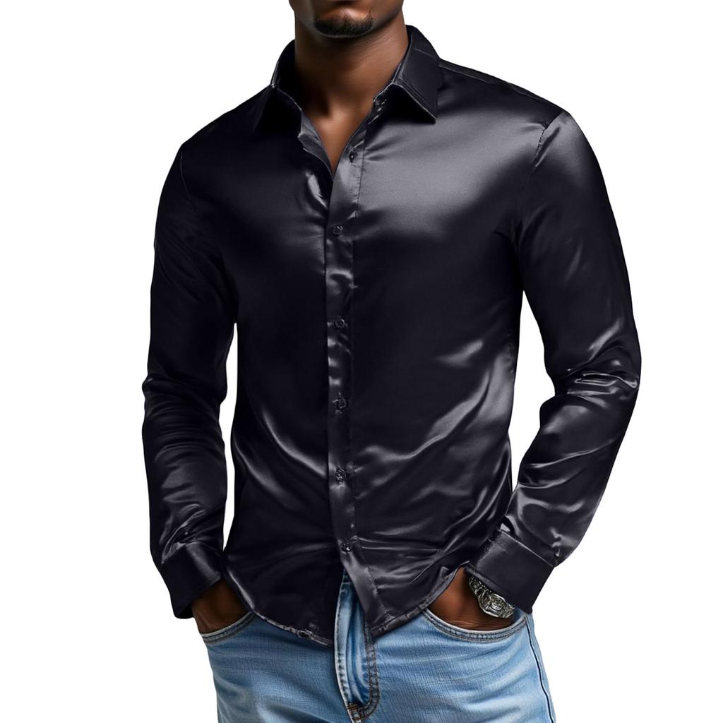 Męska Koszula z Długim Rękawem, Jednym Guzikiem i Kołnierzem Klapowym