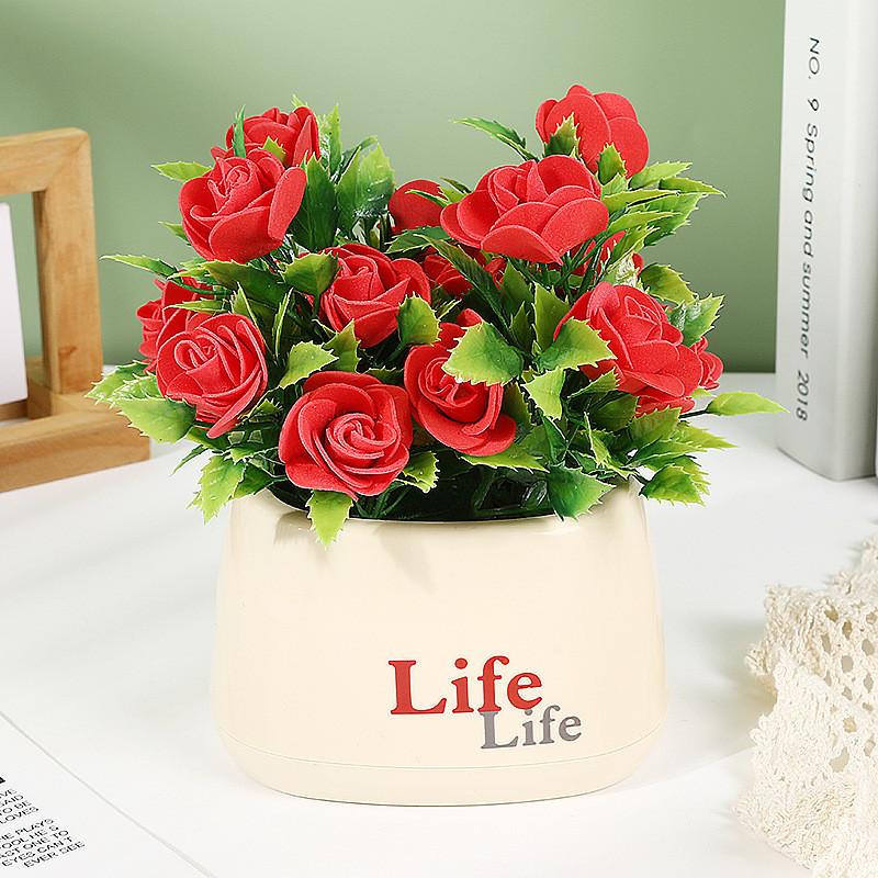 

Plastic Foam Roses Artificial Flower Decorations With Art Basin Interior Decor