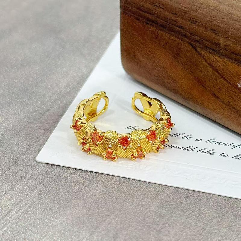 Medieval Vintage Orange Red Zircon Inlaid Simple Open Ring Female Retro Flower Temperament Niche Index Finger Ring