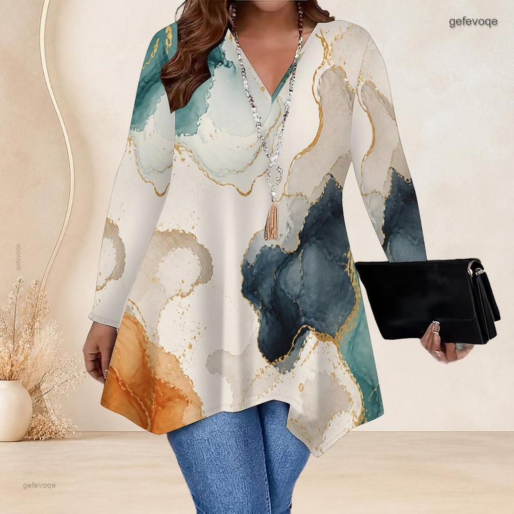 Women Plus Size V Neck Long Sleeve Abstract Leaf Print Irregular Hem Tunic Top
