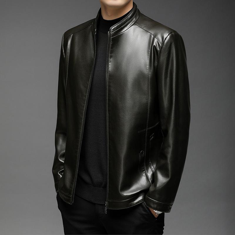 Kožený kabát Pánské podzimní a zimní nové pánské stojací límec měkká kožená bunda bunda bunda pro muže středního věku, volná ležérní kožená bunda