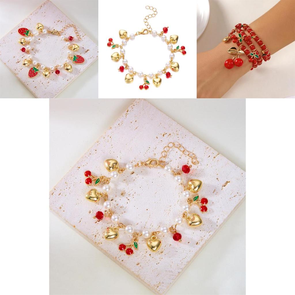 Fruit Jewelry Cherry Strawberry Heart Alloy Bracelet For Women Gift