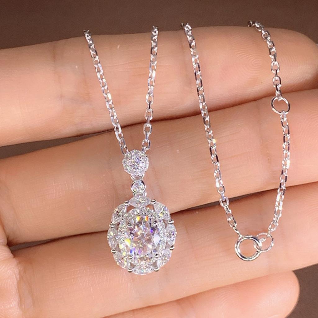 Women Oval Cut Double Halo Pendant Necklace with Sparkling Stone Bail Elegant Statement Jewelry for Special Occasions