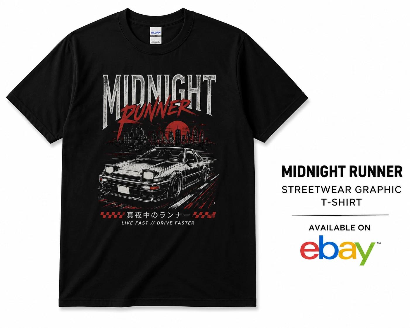Midnight Runner Streetwear Graphic T-Shirt Japanese Racing Drift Car Tee XL