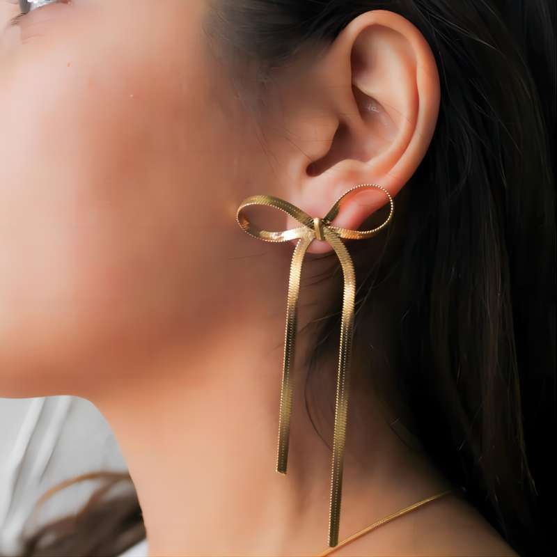 New Fashion Gold Color stainless steel Flat Snake Chain Knot Bow Earrings for Women Girls Bowknot Long Tassel Earring