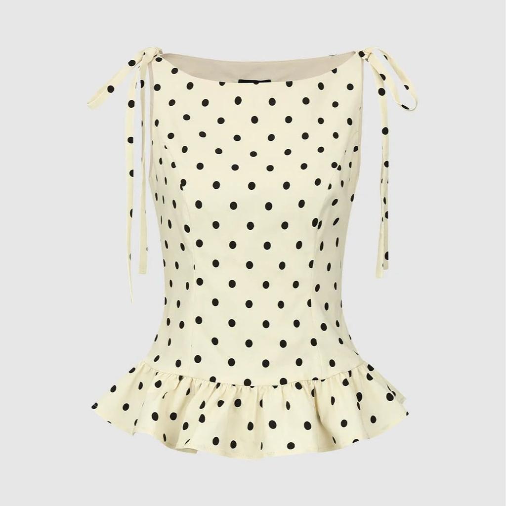 French Polka Dot Sleeveless Top Women's Summer High-end Light Luxury Lace-up Ruffle Edge Waist Thin Vest Shirt