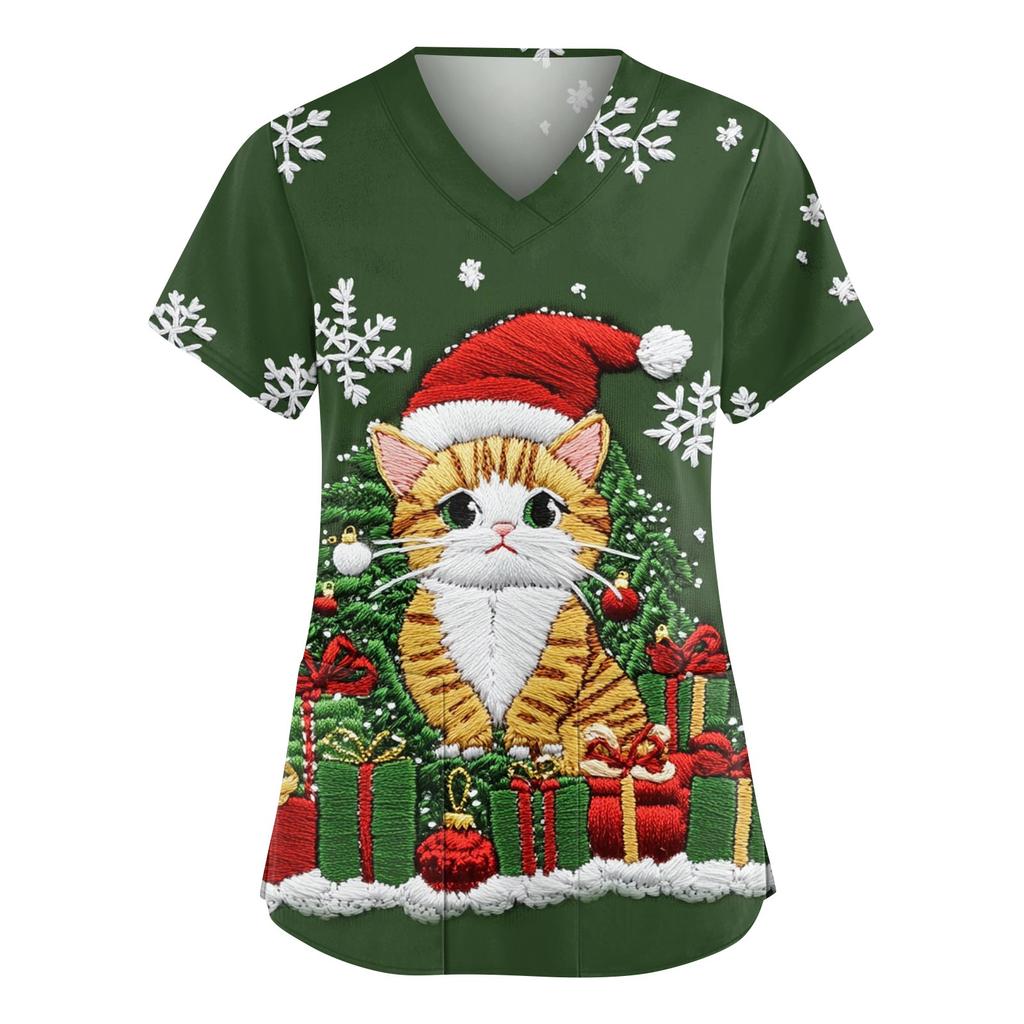 Damen Modische V-Ausschnitt Arbeitskleidung Weihnachten Bedruckt Kurzärmlig Tasche Seitenschlitz Arbeitskleidung Basic Pullover Top